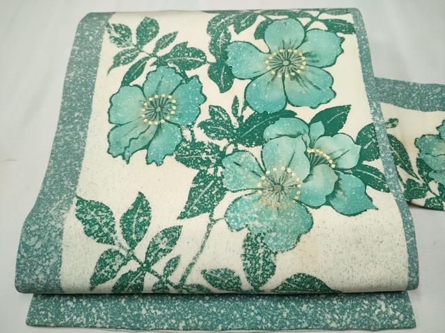 平和屋着物●塩瀬 九寸名古屋帯 枝花文 金彩 たたき染め 正絹 CAAR7907hy