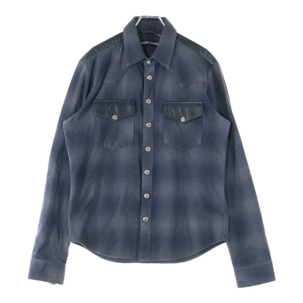 CHROME HEARTS クロムハーツ WESTN ウエスタンボタン 袖クロスパッチレザー切替クロスボールボタンチェック 長袖シャツ ブラック|ネイビー