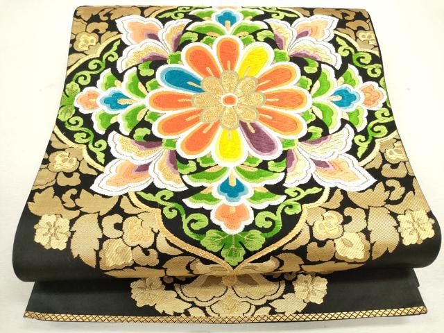 ［3149］袋帯 美品 扇面草花文 唐織 六通 金糸 正絹 着物 フォーマル 黒 3149］袋帯 美品 扇面草花文 唐織 六通 金糸 正絹 着物