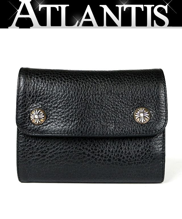 クロムハーツ 黒レザー三つ折り財布 銀色ボタン付きシルバー925 クロムハーツ 黒レザー三つ折り財布 銀色ボタン付きシルバー925