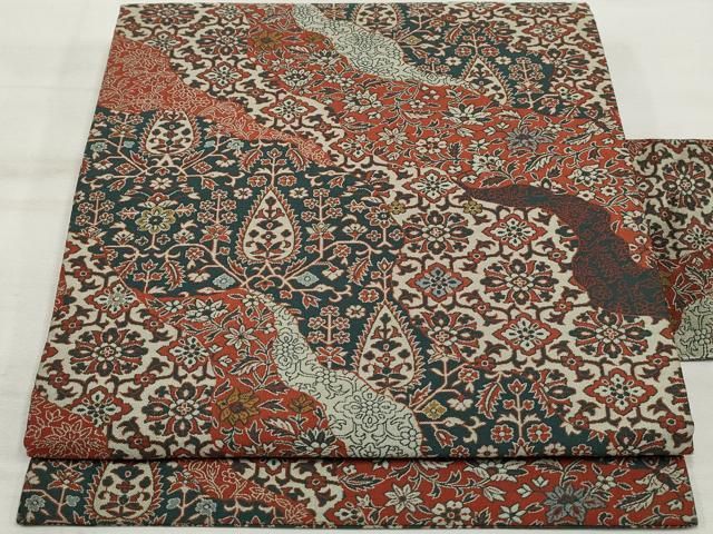 平和屋着物＊夏物 絽綴れ 八寸名古屋帯 草花文 銀糸 正絹 逸品