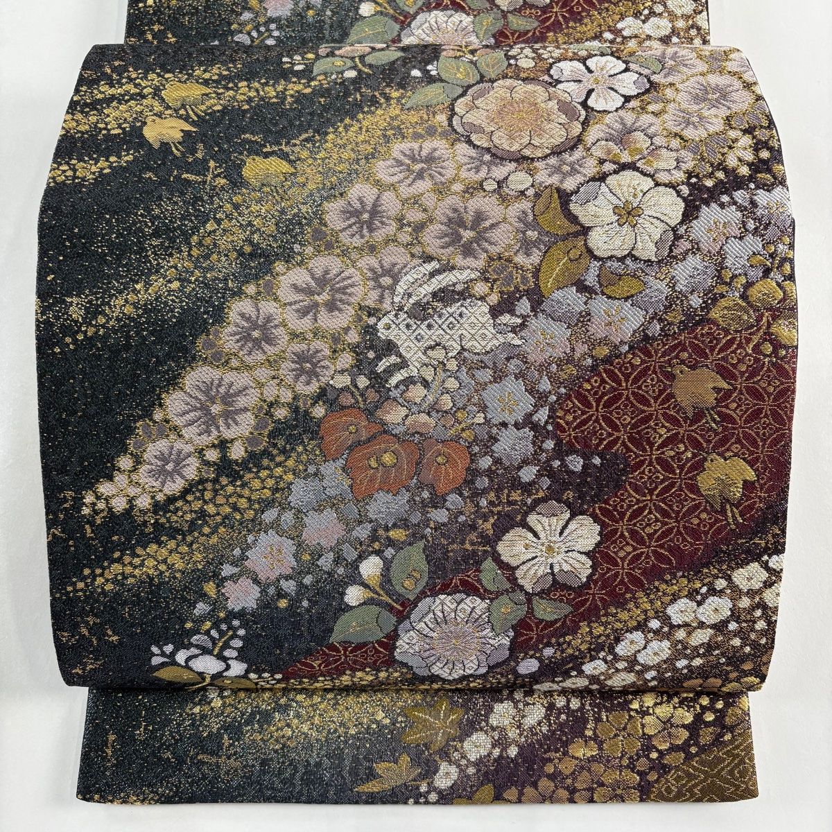袋帯 秀品 やまと 辻が花柄 千鳥 本金箔 金糸 濃紫 六通 正絹