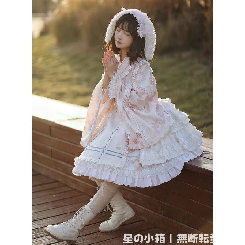 2025新品 可愛いうさぎ風デザイン 桜柄 着物風ワンピース フリルレース＆リボン付き 大人可愛い 甘ロリ 秋冬用 高品質 洋装 撮影会衣装 推し活 パーティー衣装 イベント用 おしゃれで人気 プ
