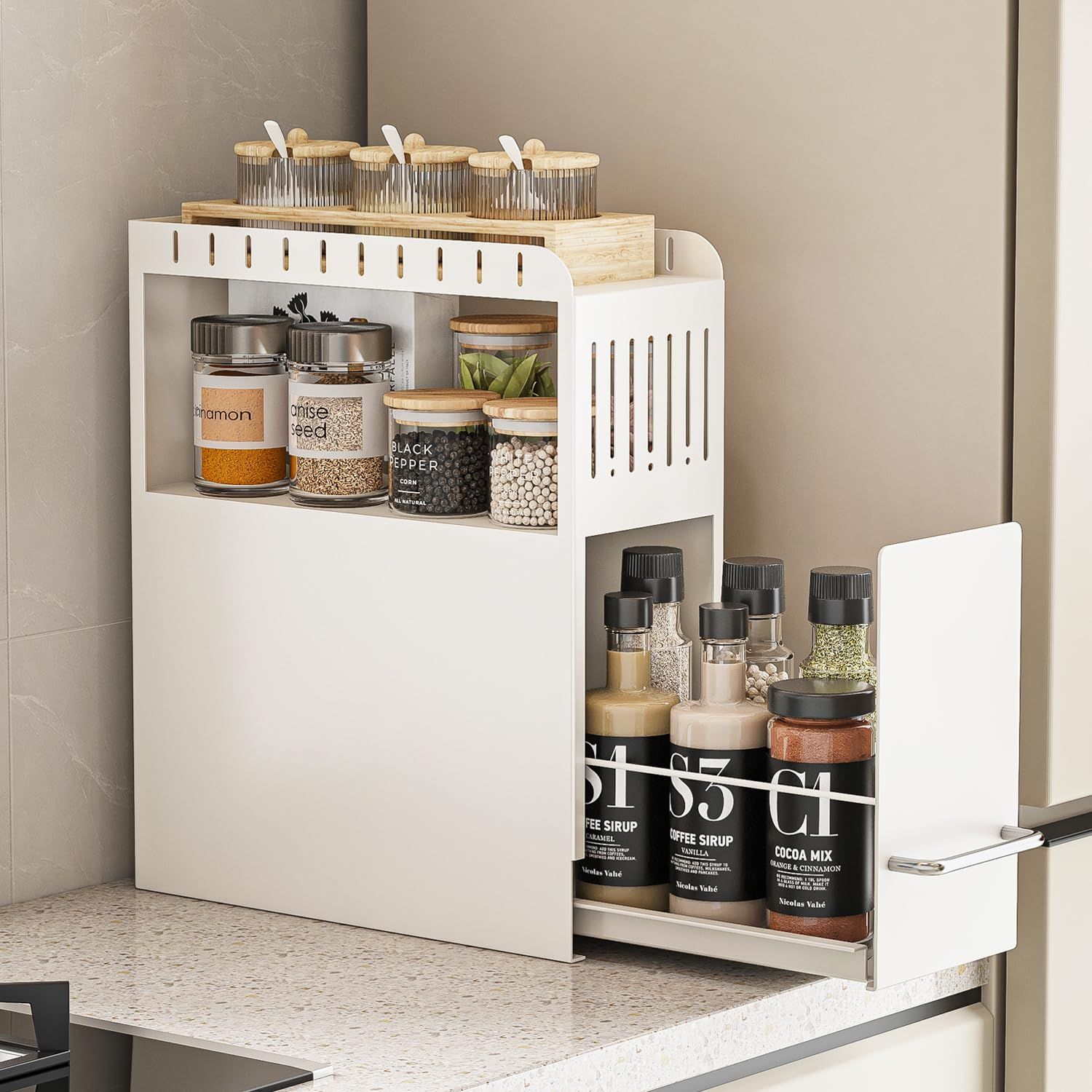 Goodraio 隠せる調味料ラック 2段 引き出し スリム スパイスラック 隙間収納 大容量 おしゃれ スリム キッチン 収納 隠せる調味料ラック 台所用 ホワイト 隠せる調味料ラック 1段