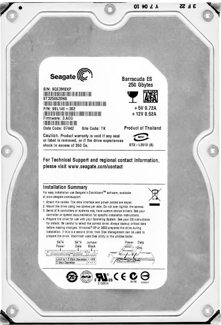 Disk Seagate barracuda Esso ST3250620NS 250GB 7200U/Min 16MB SATA II 3.5''