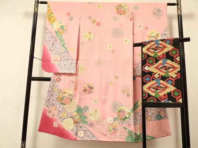 平和屋着物[]七五三 女の子 7歳 祝着 四つ身 袋帯セット 御所車