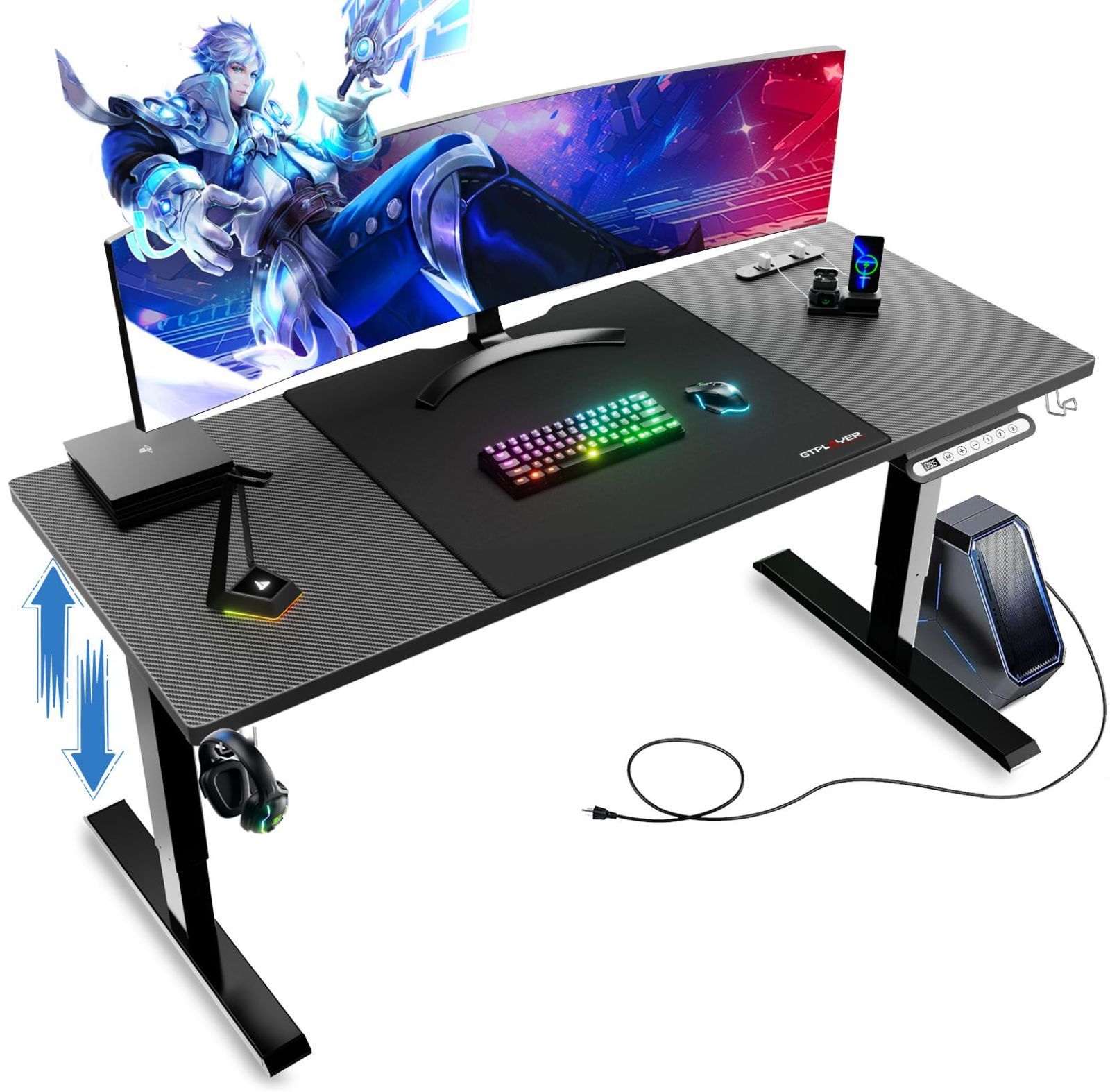 安定昇降 デスクマット付き 速い コンセント付き 静音 フック 昇降式 ケーブルマネージャー 電動 耐荷重80kg ローデスク 幅110cm×奥行55cm×高さ46～72cm 2cm天板を含めて パソコンデスク 人間工学 ゲーミングデスク カーボン調 GTR