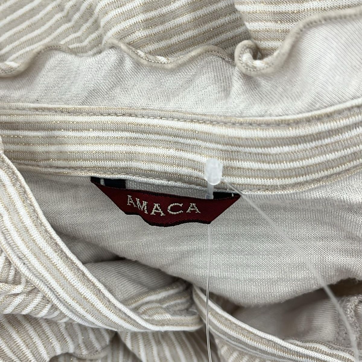 AMACA - AMACA(アマカ) カーディガン サイズ38 M レディース ベージュ×白×ゴールド フリル/ボーダー/ラメ AMACA(アマカ) カーディガン サイズ38 M レディース ベージュ×白