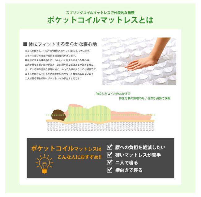 ポケットコイルマットレス セミダブル 厚み21cm 少し硬め リバーシブル