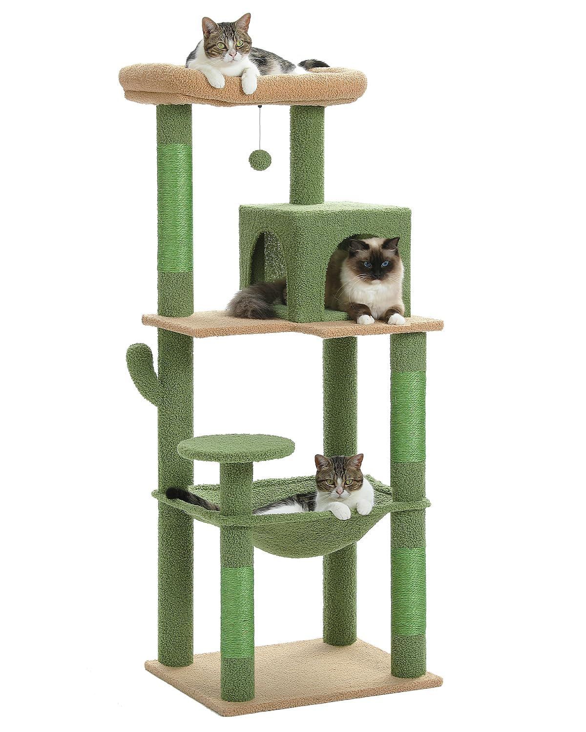 数量 PETEPELA ぺテぺラ キャットタワー スリム 大型猫用 猫タワー 据え置き 多頭飼い サボテン 省スペース 登りやすい ハンモック 見晴台 ねこハウス ボンボン 天然麻紐 爪とぎ 運動不足解消 かわいい 組み立て簡単 - グリーン 高さ14