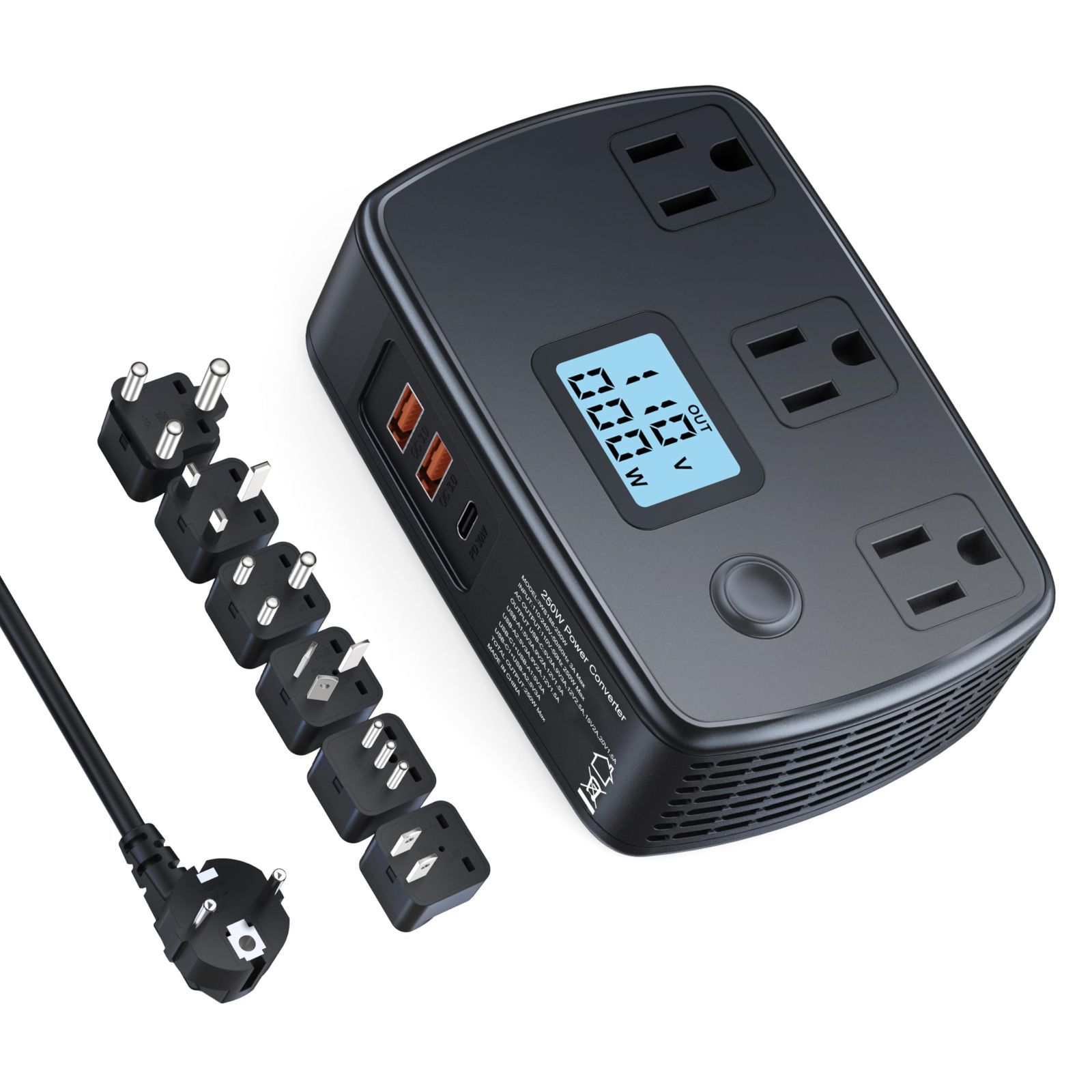 正弦波変圧器 海外旅行用 電圧変換器 PD30W USB充電器 海外コンセント変換プラグ 変圧器220Vから100V 降圧変圧器 トラベルアダプター付き QC3.0USB充電 ビジュアルLCD 250W変圧器