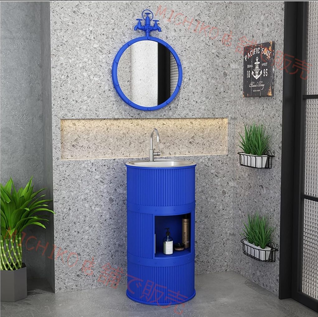 台座シンク キャビネット 円筒形 レトロ インダストリアル スタイル バスルーム 洗面化粧台セット 304 ステンレス鋼 洗面台 シンク 蛇口 鏡付き 自立型 バスキャビネット アイアンアート イエロー 収納付き