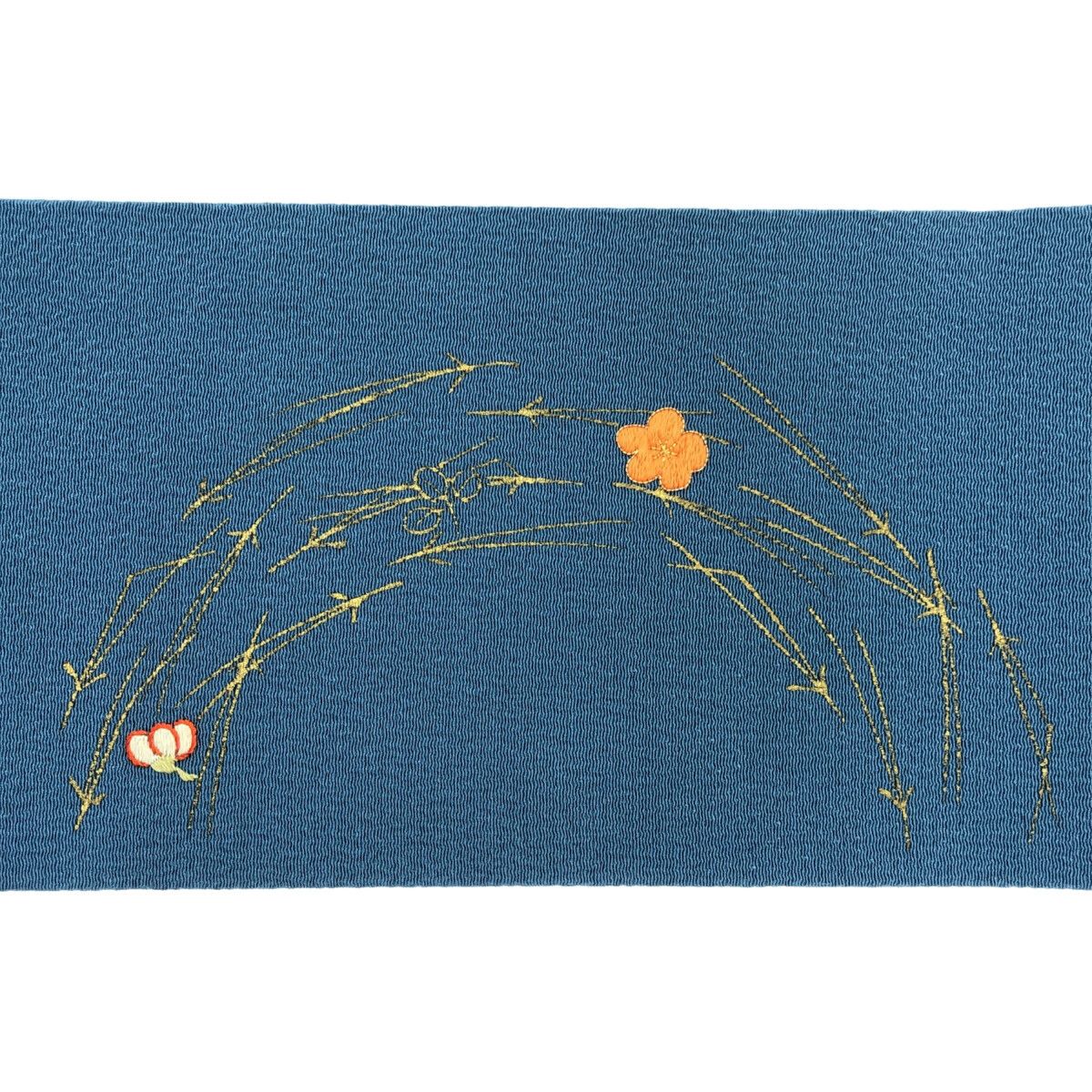 名古屋帯|ちりめん地|刺繍|ブルー| |仕立上がり|11152
