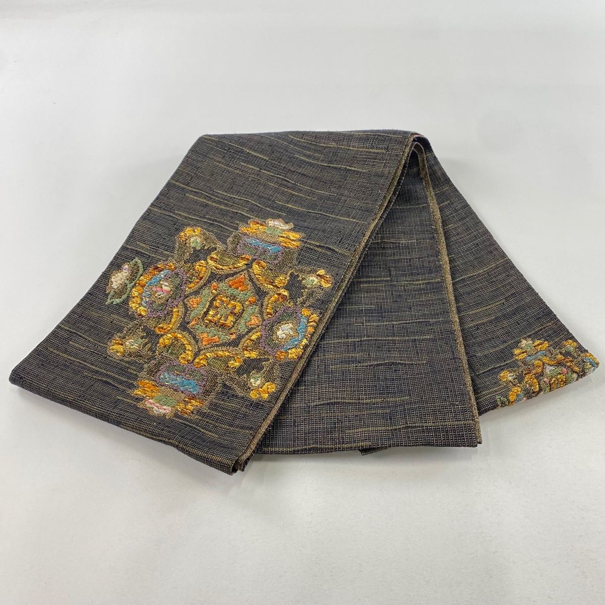 H-648 袋帯 正絹 お太鼓柄 金糸 箔 華模様 花丸模様 扇柄 金 袋帯 美品 秀品 華文 箔 金糸 黒 お太鼓柄 正絹 【中古】 - メルカリ