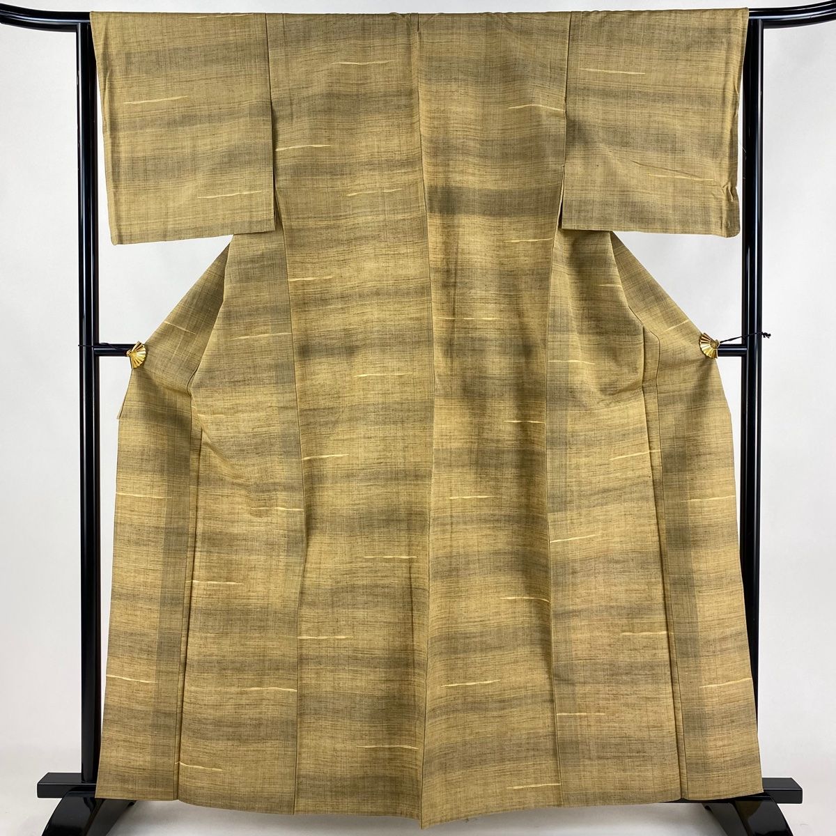 紬 身丈161.5cm 裄丈64cm M 単衣 縞 薄茶色 正絹 秀品