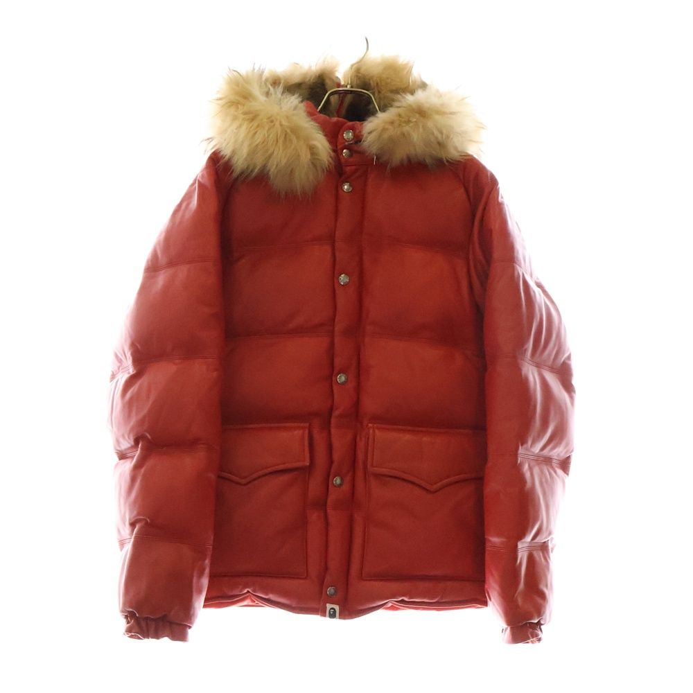 A BATHING APE アベイシングエイプ ラクーンファー シープスキン フーデッド レザーダウンジャケット レッド