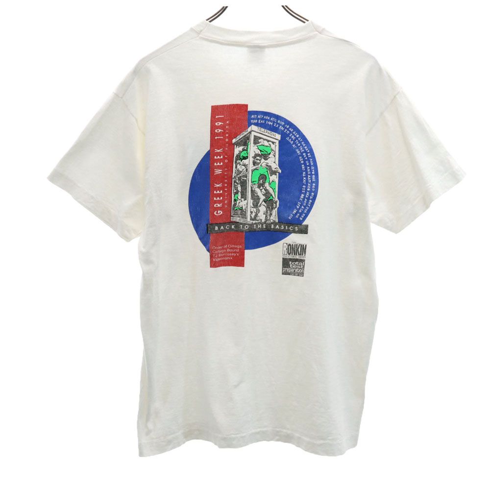 フルーツオブザルーム 90s USA製 オールド プリント 半袖 シングルステッチ Tシャツ L ホワイト系 FRUIT OF THE LOOM メンズ