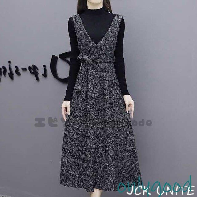 セットアップ レディース 秋 冬 ジャンパースカート Vネック ロング ベルト付き きれいめ リボン ワンピース 2点セット 黒 着痩せ 通勤 OL 30代40代 お洒落