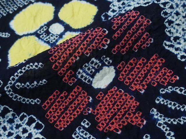 浴衣 有松鳴海絞り 牡丹 藍染 縞模様 着尺 ぼかし染め 着物 102b d