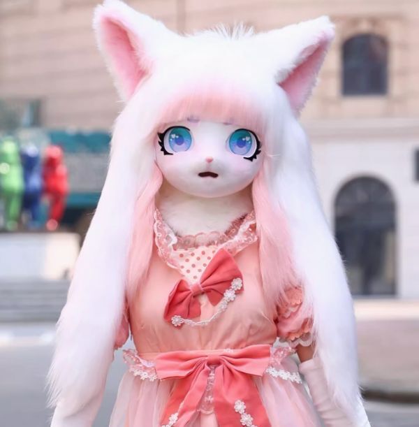 着ぐるみヘッド 猫 ピンクと白 全頭ヘッド ケモノ マスク ファー