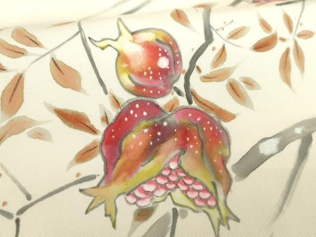 平和屋着物○塩瀬 九寸名古屋帯 作家物 手描き 成り物 ザクロ 柘榴