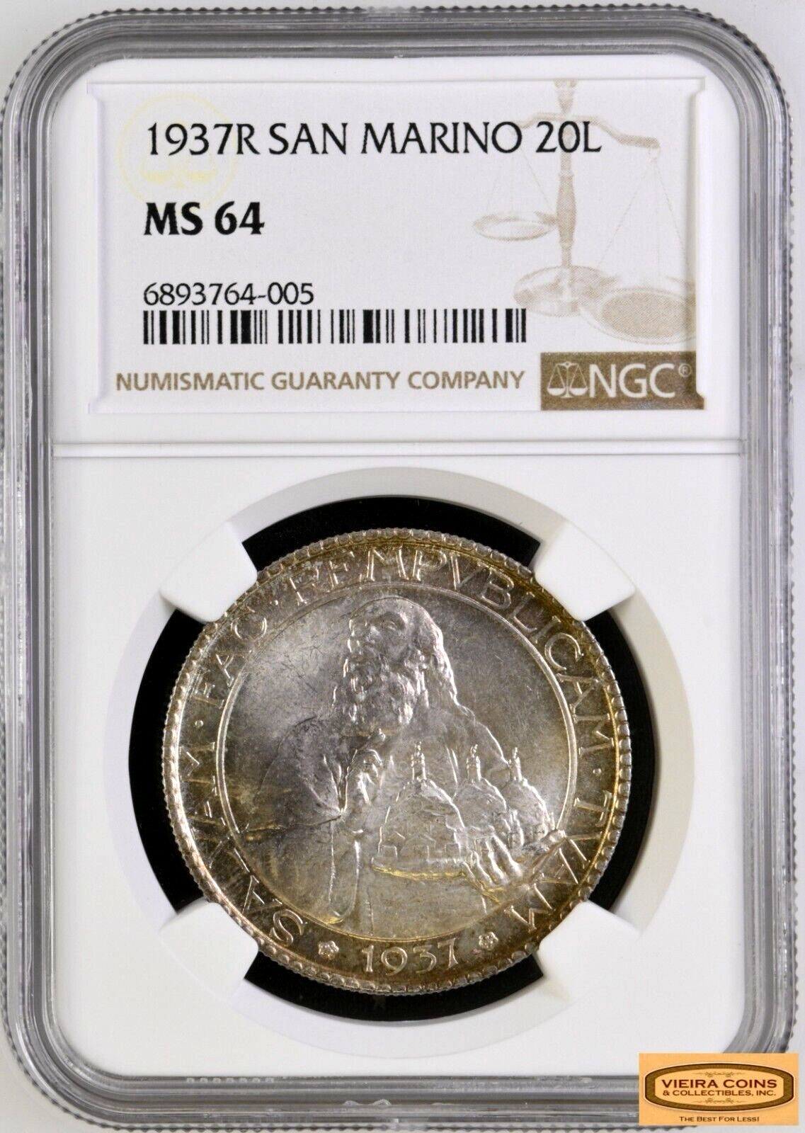 1937-R San Marino Silver 20 Lire NGC MS64 Mintage of 5 100 coins- B36274