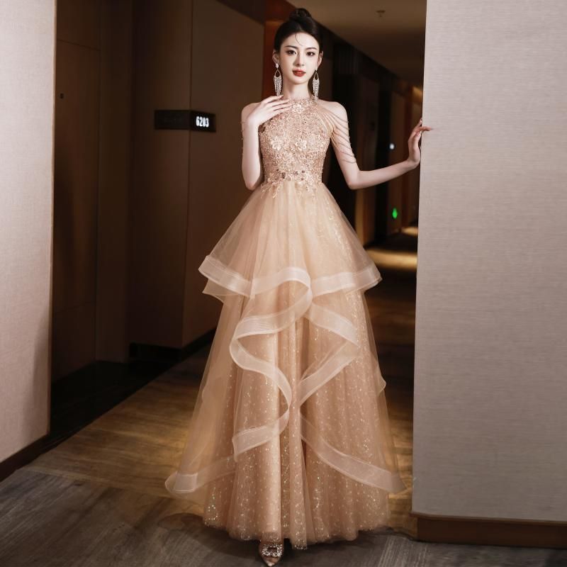 ドレス ロングドレス シャンパン フリル ビーズ 花嫁 結婚式 二次会 発表会 演奏会 ウェディングドレス ウエディングドレス コンサー