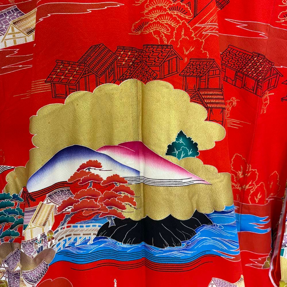 本振袖 引き振袖 正絹 赤 花柄 古典 刺繍 結婚式 裄64.2cm B