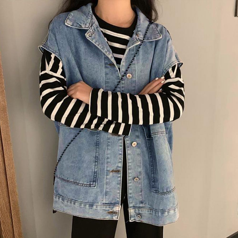Gジャン フロントボタン ジャンパー 前開き レディース デニムベスト アウター ノースリーブ カジュアル 重ね着 レイヤード ビッグポケット 襟付き  デニムジャケット 春 秋 カジュアル 大きいサイズ 体型カバー 春 レディース クロップドデニムベスト – ノースリーブV ... レディース デニム ジーンズ ベスト カジュアル ボタン ノースリーブ ジーンズ ジャケット ヴィンテージ デニム ウエストコート