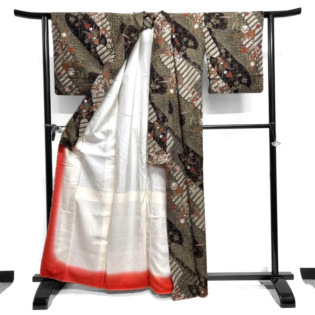 小紋 金彩 斜め縞 流水 菊花 花籠 竹 格子 着物 092a d - メルカリ