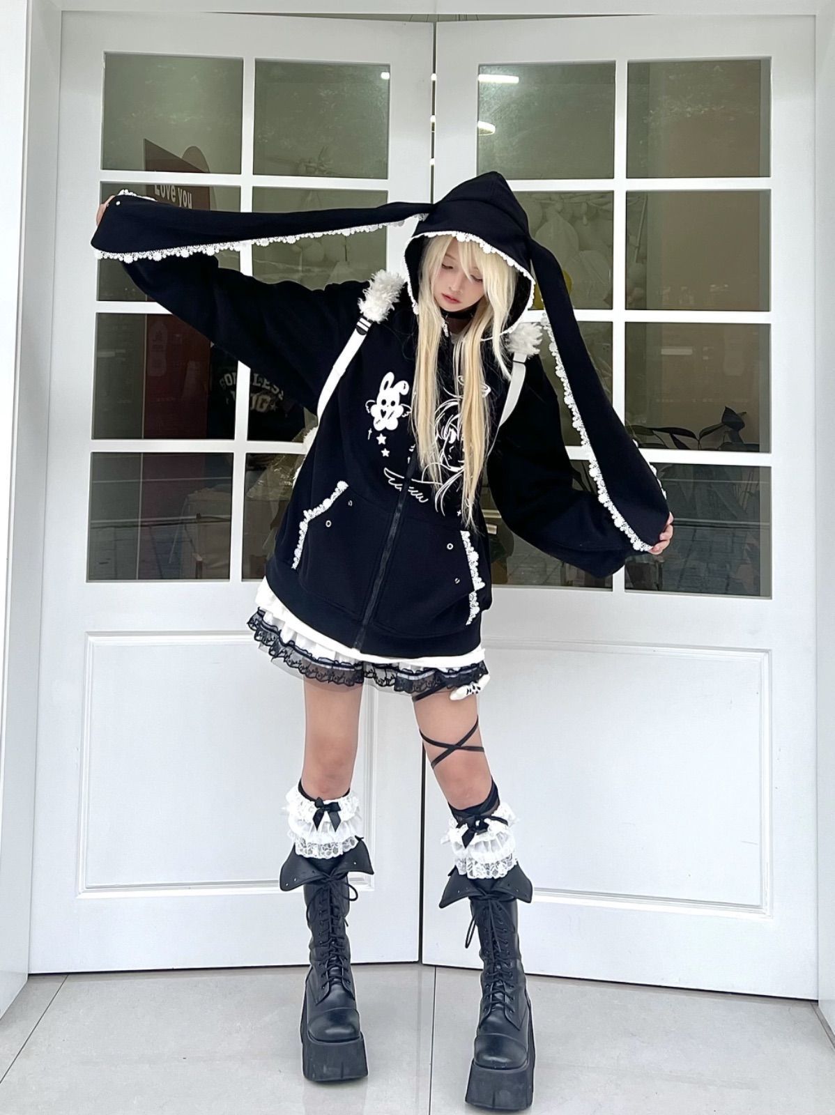 パーカー うさぎ 天使 サブカル系 アウター 上着 ジャケット パープル ブラック ジップアップ サブカル 服 オーバーサイズ