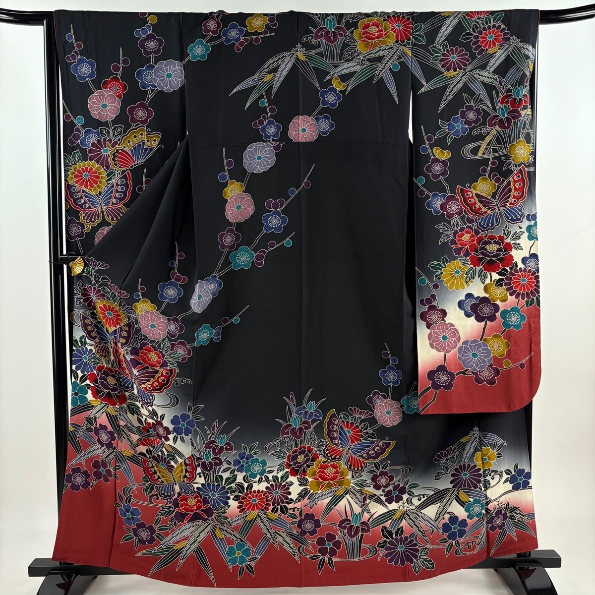 振袖 身丈162cm 裄丈65.5cm M 袷 蝶 草花 染分け ぼかし 墨色 正絹 名品