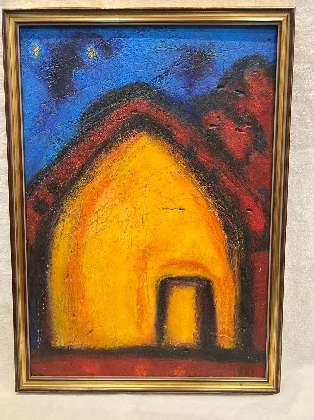 夜の家 油画 表現主義 額装 風景画 赤黄青 色彩派 本紙サイズ 約68×47cm