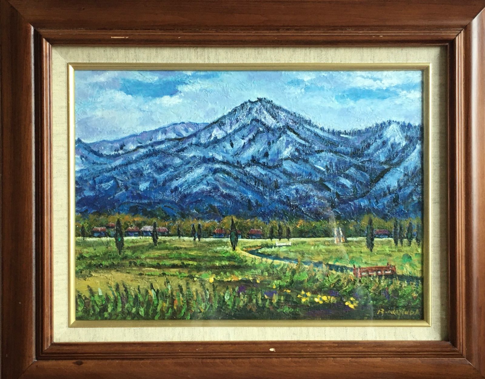 メルカリ 絵画 絵 額付き(銀）油絵 F4-081411 風景（朝夕陽山田園）
