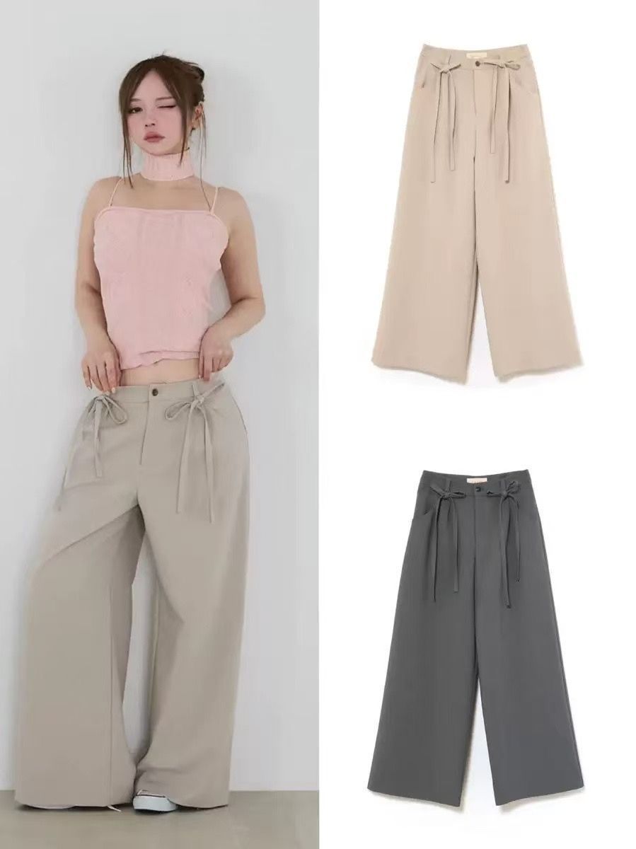 春夏 andmary Loose ribbon slacks レディース カジュアルパンツ ゆったり パンツ ガウチョパンツ アンドマリー グレー ベージ