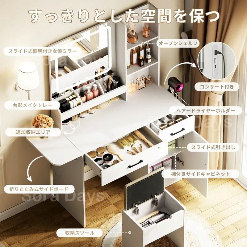 ドレッサー コンパクト 2点セット 3色LEDライト アクトレスミラー プリンセス風 おしゃれ かわいい シンプル 感 アンティーク風 インテリア 北欧 スツール付き ヘアドライヤーホルダー 折りたたみサイドボード 木製 ブラック ホワイト ピンク WWW_NOITHATQUANGTHANH_NET