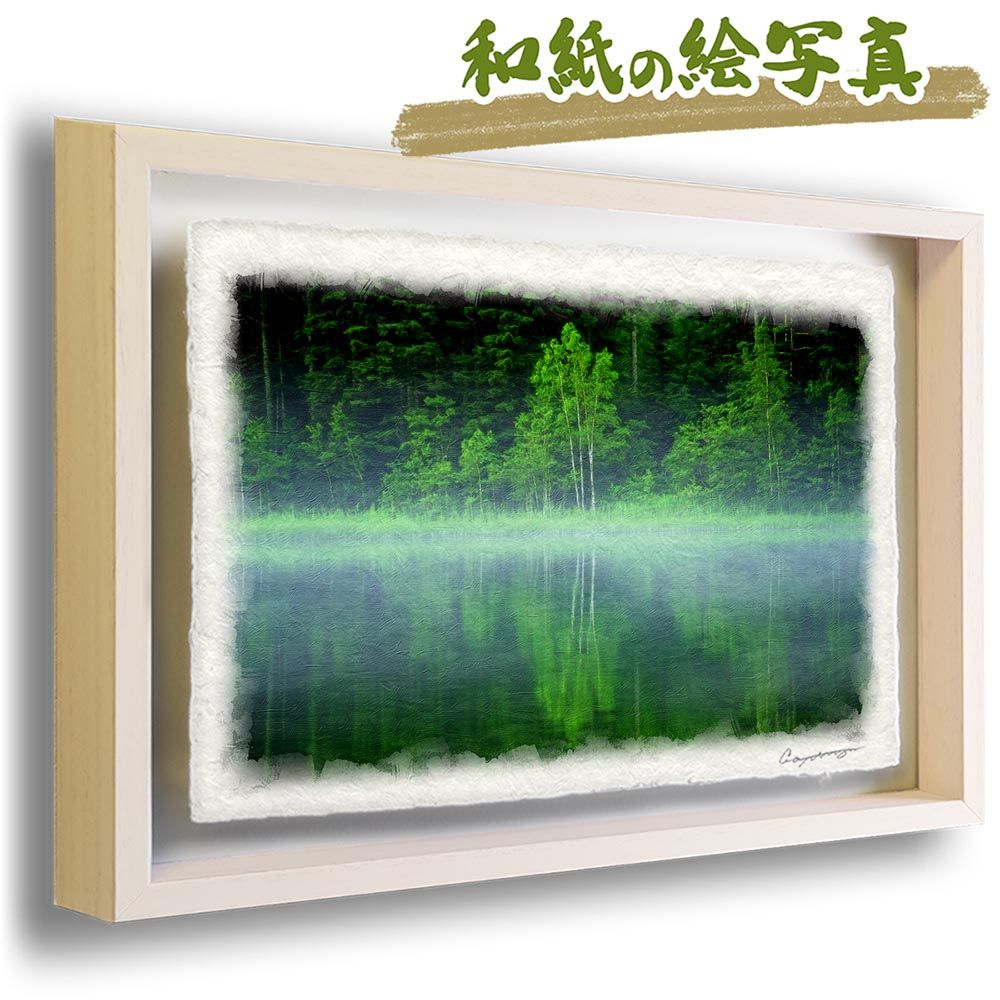 和紙の絵写真 「朝霧の湖に映る新緑の白樺」 立体額縁付き 53x38cm