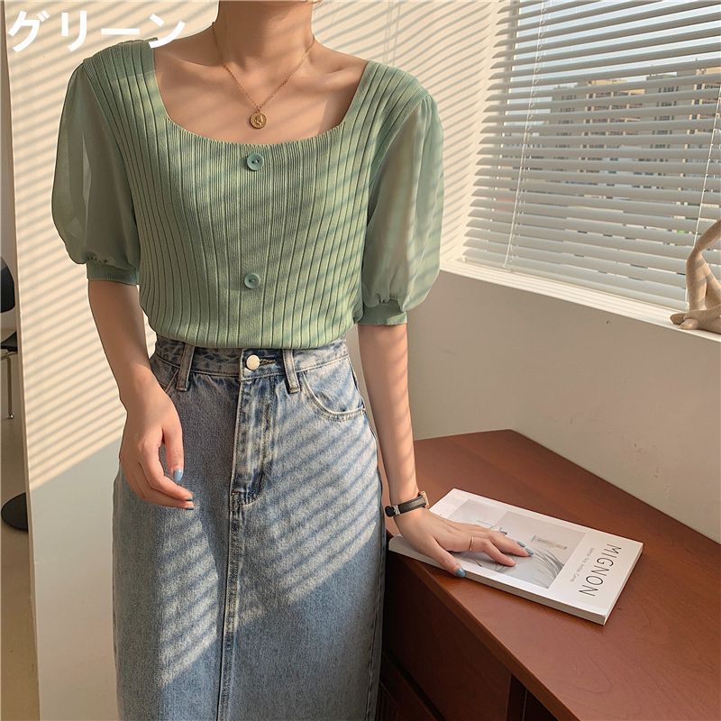 サマーニット レディース 半袖 Tシャツ ニットス スクエアネック パフスリーブ ス シンプル ニット キレイめ 夏 大人 女性用 サマーニット レディース 半袖 Tシャツ ニットトップス スクエア