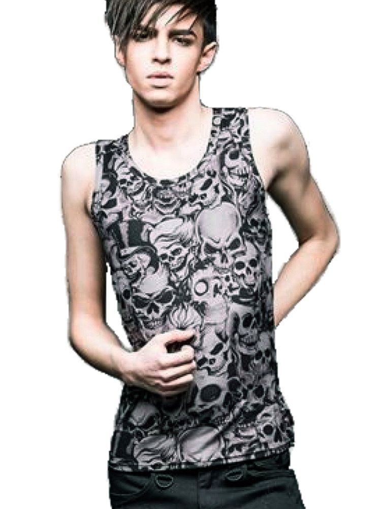ゴシック メタル ファッション タンクトップ メンズ 服 ドクロ 総柄 薄手 灰 rfa137
