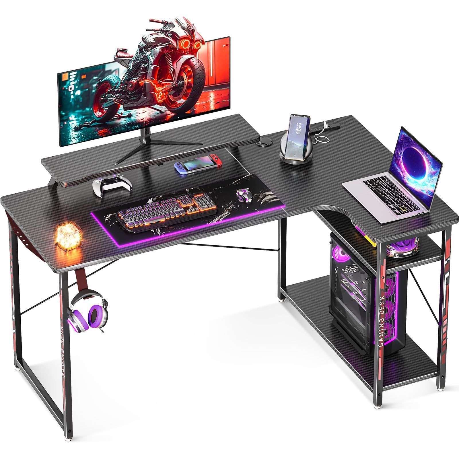 在庫処分 pcデスク コンセント付き デスク 机 幅130 ラック付き パソコンデスク desk l字 収納 組立簡単 ゲーミングデスク 右棚 ODK カーボン調ブラック