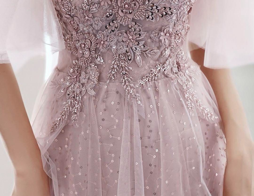 花柄がオシャレで美しい ベア イブニングドレス お花のデザインが美しい 7分袖のドット イブニングドレス 花柄がオシャレ