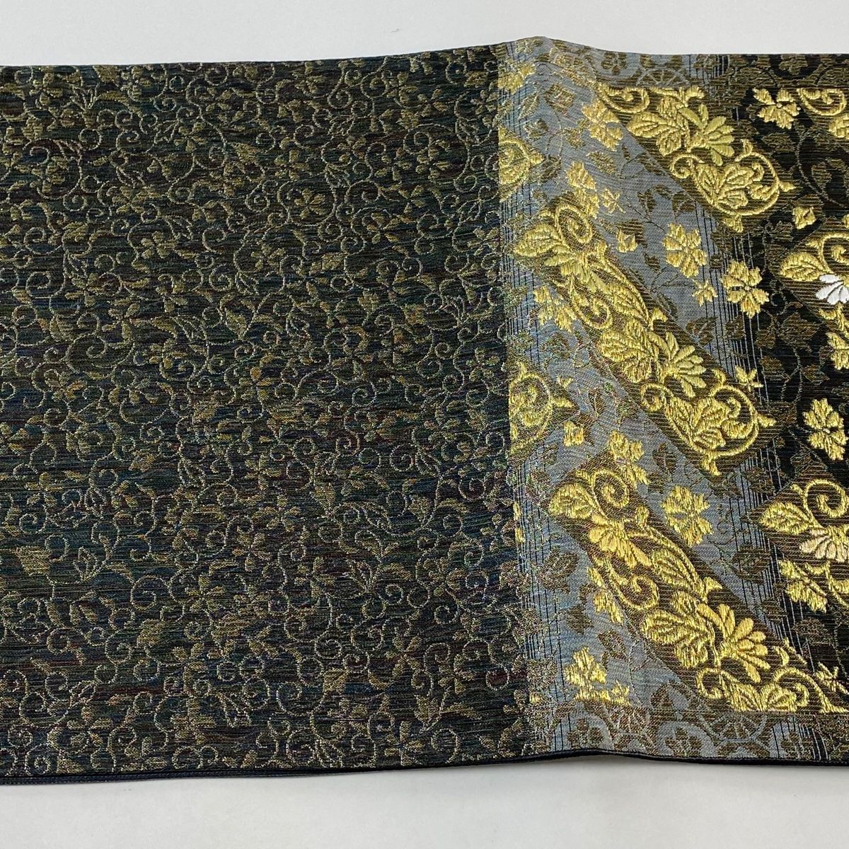 袋帯 美品 名品 花唐草 金糸 金通し 灰色 六通 正絹 【中古