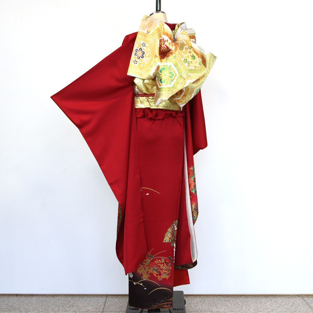 振袖フルセット 6点セット 正絹 古典赤系花模様【振袖・袋帯・帯締め
