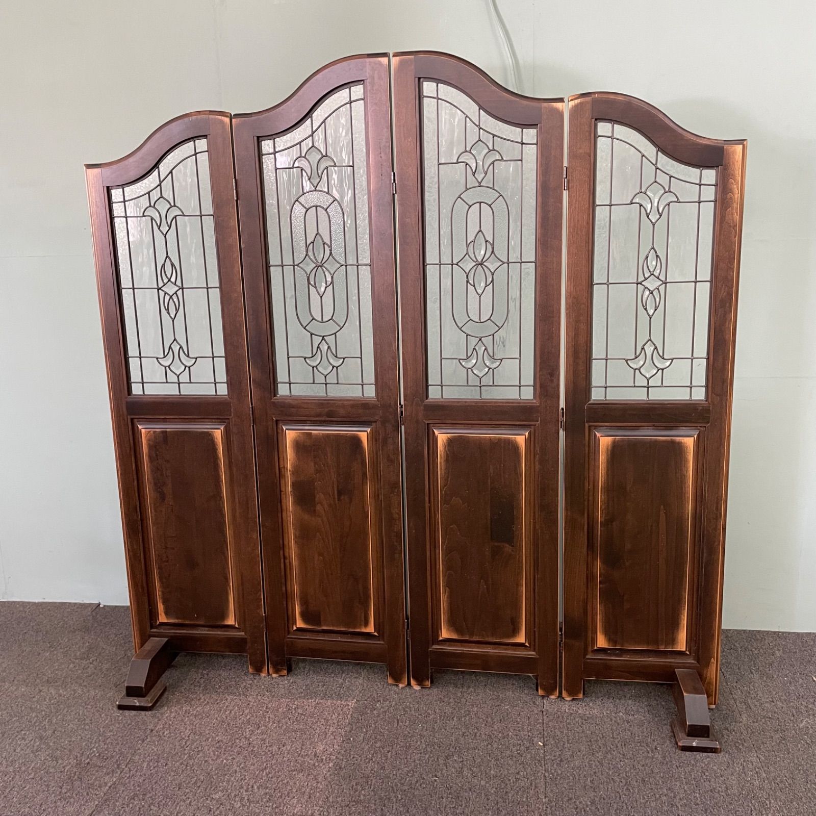 ♭ ステンドグラス パーテーション 4連 高さ160cm 幅40cm 間仕切り 衝立 折りたたみ 木製 パーティション アンティーク風