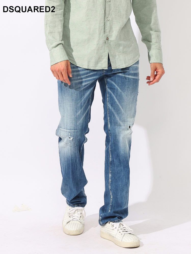 DSQUARED2 (ディースクエアード) ダメージ加工 手縫いデザイン ボタンフライ ジーンズ RoadieJean (ブルー)