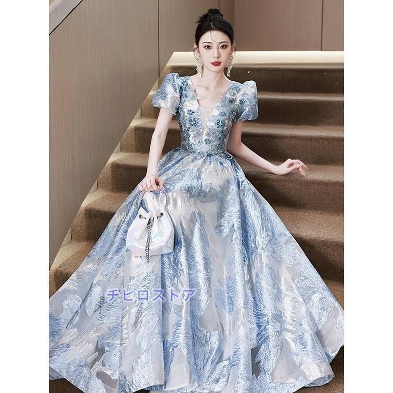 ロングドレス 演奏会 ピアノ 発表会 キラキラ スパンコール 花刺繍 花柄 レース ブルードレス 袖あり 5分袖 フェミニン エレガント大きいサイズ