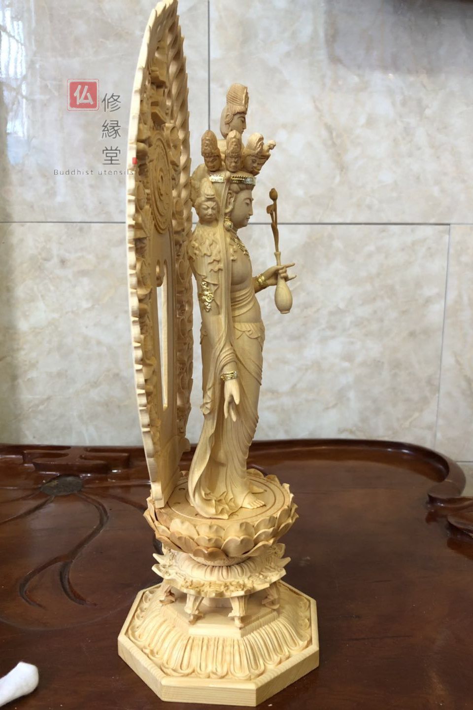 修縁堂】最高級 木彫り 仏像 十一面観音菩薩立像 彫刻 本金 切金 天然 