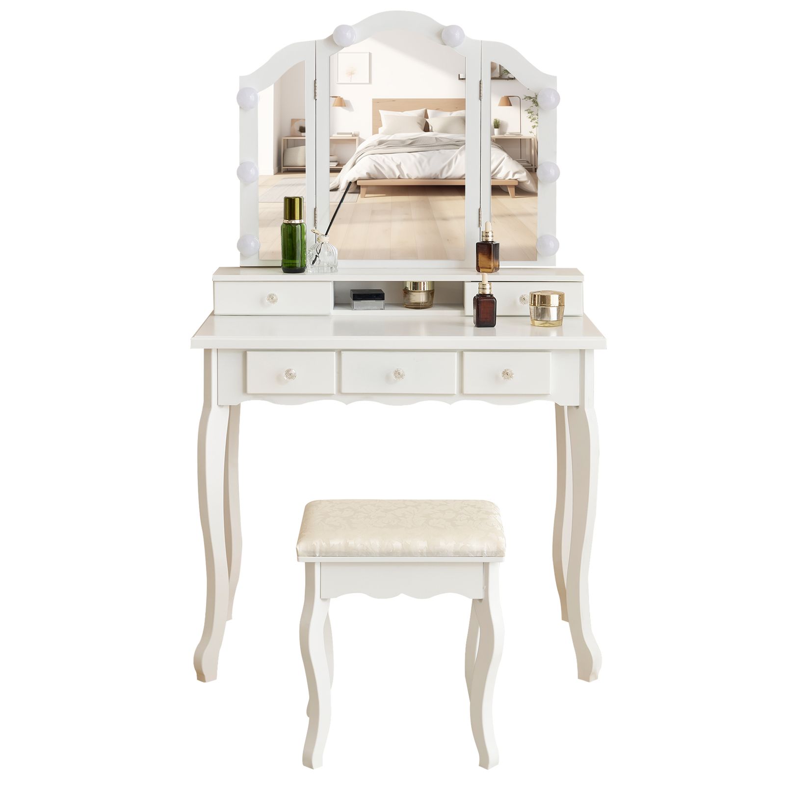 ドレッサー 化粧台 テーブル 鏡台 ライト付き 3色LED 女優ミラー 引き出し 収納 椅子 セット サイド収納 メイク台 シンプル 大容量