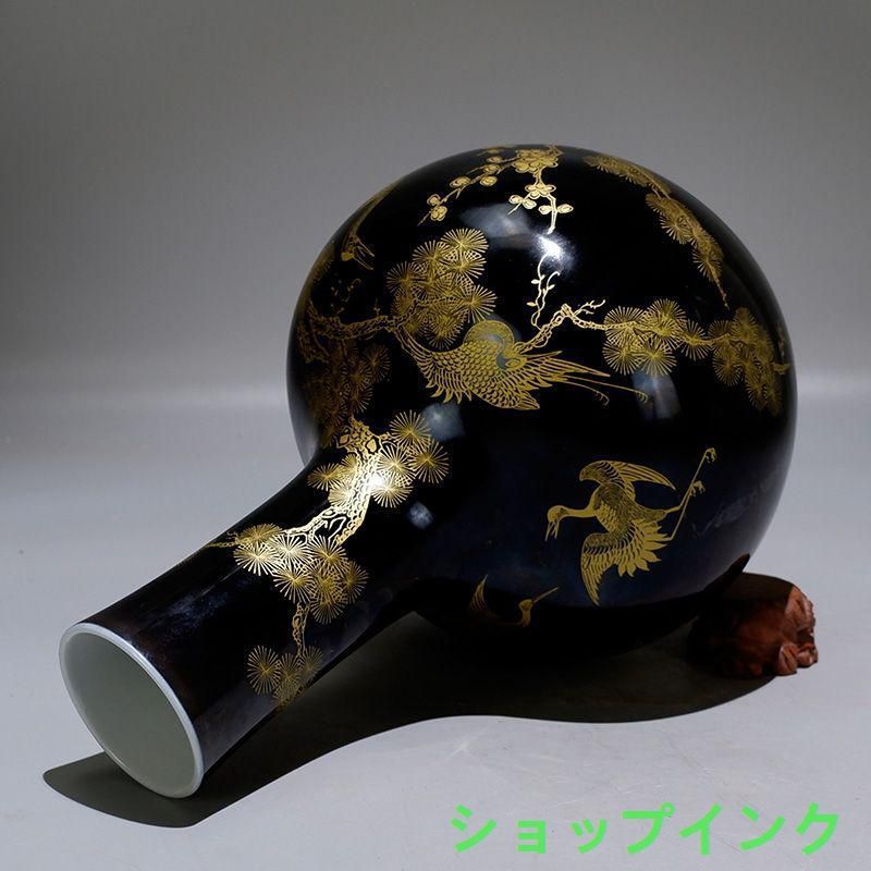 清康熙烏金釉本金手描き松鶴延年天球瓶 景徳鎮 陶磁器 装飾品現代工芸品美術品置物 清康熙烏金釉本金手描き松鶴延年天球瓶 景徳鎮 陶磁器 装飾品