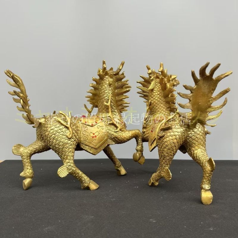 麒麟 置物 オブジェ 風水 銅製 ペア 龍馬 鎮宅 化 金色 麒麟像 吉祥獣 財運 開運グッズ インテリア 飾り ゴールド 金運アップ 魔除け 縁起物 NEXPOTALLINN_EU